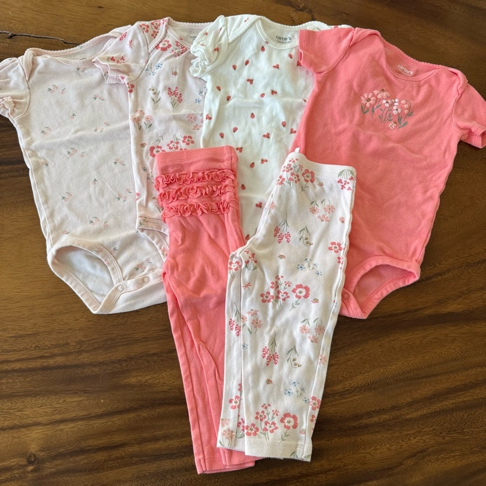 Carter's Coral Floral Cotton Baby Bodysuits and Pants Set 18M